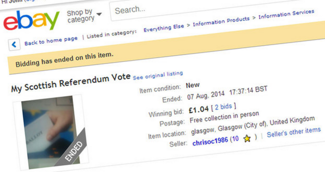 Scots attempt to sell independence votes online on eBay Scots attempt to sell independence votes online on eBay